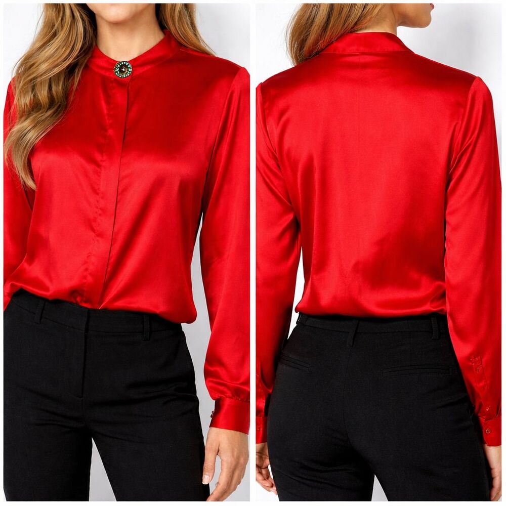 Summit Hill Red Satin Blouse Size 10 Button Front Long Sleeve